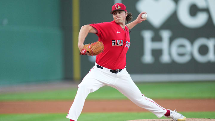 Mar 3, 2026; Lee County, FL, USA;  Boston Red Sox pitcher Jake Bennett (64) pitches in the first inning against the Puerto Rico. Mandatory Credit: Jim Rassol-Imagn Images