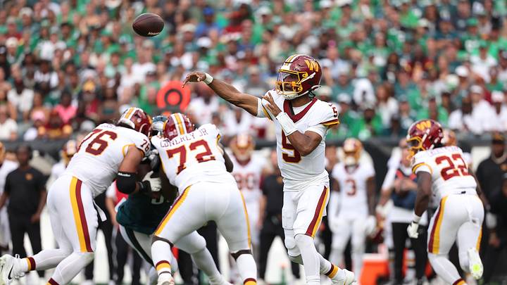 Sep 13, 2026; Philadelphia, Pennsylvania, USA; Washington Commanders quarterback Jayden Daniels (5) throws a pass against the Philadelphia Eagles during the first half at Lincoln Financial Field. Mandatory Credit: Bill Streicher-Imagn Images Sep 13, 2026; Philadelphia, Pennsylvania, USA; Washington Commanders quarterback Jayden Daniels (5) throws a pass against the Philadelphia Eagles during the first half at Lincoln Financial Field. Mandatory Credit: Bill Streicher-Imagn Images