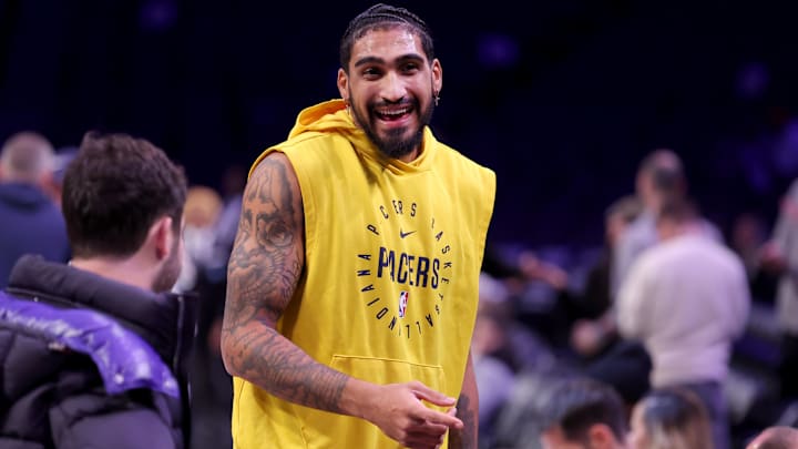 Dec 4, 2024; Brooklyn, New York, USA; Indiana Pacers forward Obi Toppin (1) talks to fans court side before a game against the Brooklyn Nets at Barclays Center. Mandatory Credit: Brad Penner-Imagn Images