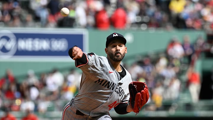 Sep 22, 2024; Boston, Massachusetts, USA; Minnesota Twins starting pitcher Pablo Lopez (49) pitches during the first inning against the Boston Red Sox at Fenway Park.