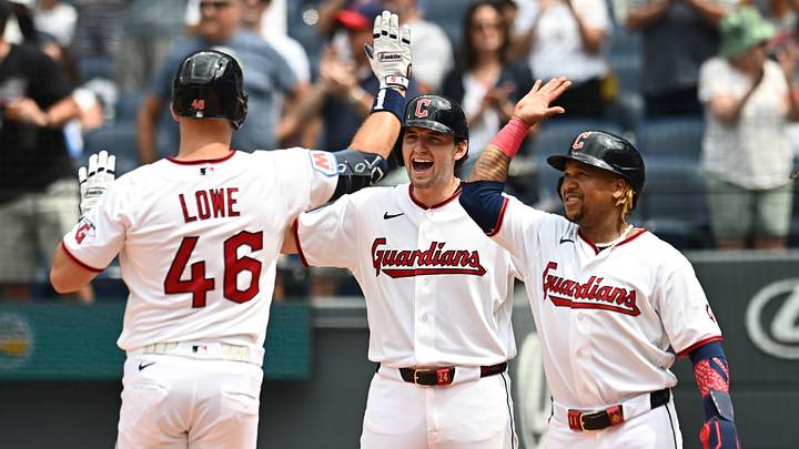 Aug 6, 2026; Cleveland, Ohio, USA; Cleveland Guardians first baseman Nathaniel Lowe (46) celebrates with right fielder Chase DeLauter (24) and third baseman Jose Ramirez (11) after hitting a three-run home run during the fifth inning against the New York Mets at Progressive Field. Mandatory Credit: Ken Blaze-Imagn Images Aug 6, 2026; Cleveland, Ohio, USA; Cleveland Guardians first baseman Nathaniel Lowe (46) celebrates with right fielder Chase DeLauter (24) and third baseman Jose Ramirez (11) after hitting a three-run home run during the fifth inning against the New York Mets at Progressive Field. Mandatory Credit: Ken Blaze-Imagn Images