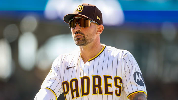 Mar 26, 2026; San Diego, California, USA; San Diego Padres first baseman Nick Castellanos (21) comes off the field during the ninth inning against the Detroit Tigers at Petco Park. Mandatory Credit: David Frerker-Imagn Images