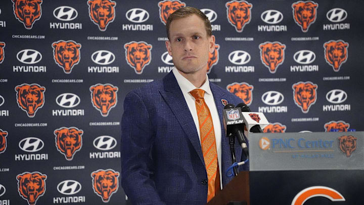 Jan 22, 2025; Lake Forest, IL, USA; Chicago Bears head coach Ben Johnson answers questions during a introductory press conference at PNC Center. Mandatory Credit: David Banks-Imagn Images