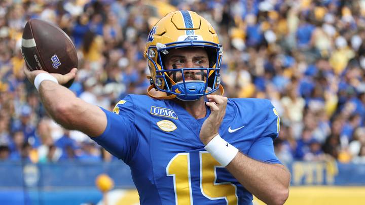 Oct 10, 2026; Pittsburgh, Pennsylvania, USA;  Pittsburgh Panthers quarterback Holden Geriner (15) throws on the sidelines against the North Carolina Tar Heels during the first quarter at Acrisure Stadium.  Mandatory Credit: Charles LeClaire-Imagn Images