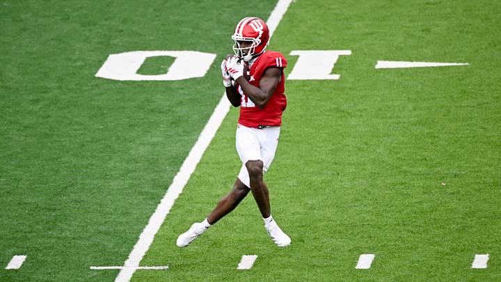 Sep 12, 2026; Bloomington, Indiana, USA; Indiana Hoosiers wide receiver Nick Marsh (11) catches a pass that he would run in for a touchdown against the Howard Bison during the second half at Merchants Bank Field at Memorial Stadium. Mandatory Credit: Robert Goddin-Imagn Images