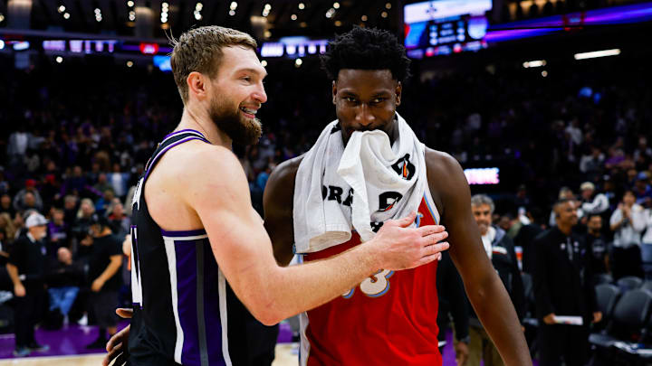 Jan 3, 2025; Sacramento, California, USA; Sacramento Kings forward Domantas Sabonis (11) and Memphis Grizzlies forward Jaren Jackson Jr. (13) meet up after the game at Golden 1 Center. Mandatory Credit: Sergio Estrada-Imagn Images Jan 3, 2025; Sacramento, California, USA; Sacramento Kings forward Domantas Sabonis (11) and Memphis Grizzlies forward Jaren Jackson Jr. (13) meet up after the game at Golden 1 Center. Mandatory Credit: Sergio Estrada-Imagn Images