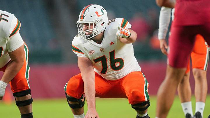 Sep 23, 2023; Philadelphia, Pennsylvania, USA;  Miami Hurricanes offensive lineman Ryan Rodriguez (76) prepares to snap the ball in the second half against the Temple Owls at Lincoln Financial Field. Mandatory Credit: Andy Lewis-USA TODAY Sports