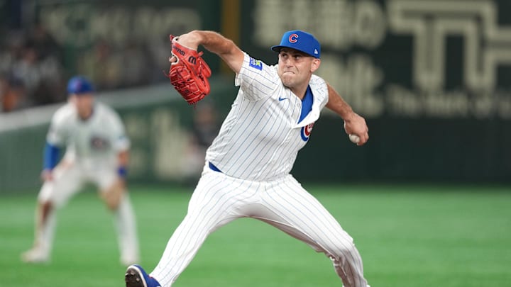 Mar 16, 2025; Bunkyo, Tokyo, Japan; Chicago Cubs pitcher Matthew Boyd (16) throws a pitch against the Yomiuri Giants during the ninth inning at Tokyo Dome. Mandatory Credit: Darren Yamashita-Imagn Images