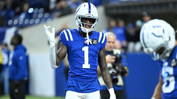 Nov 30, 2025; Indianapolis, Indiana, USA; Indianapolis Colts cornerback Sauce Gardner (1) warms up before a game against the Houston Texans at Lucas Oil Stadium. 