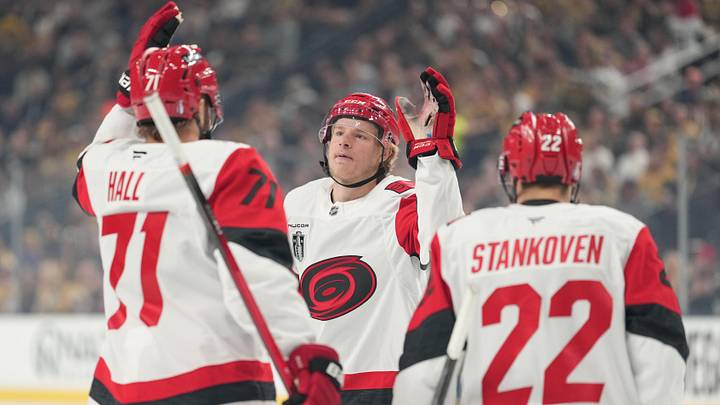 Jun 9, 2026; Las Vegas, Nevada, USA; Carolina Hurricanes right wing Jackson Blake (53) celebrates with left wing Taylor Hall (71) and center Logan Stankoven (22) after scoring during the 1st period against the Vegas Golden Knights in game four of the 2026 Stanley Cup Final at T-Mobile Arena. Mandatory Credit: Lucas Peltier-Imagn Images Jun 9, 2026; Las Vegas, Nevada, USA; Carolina Hurricanes right wing Jackson Blake (53) celebrates with left wing Taylor Hall (71) and center Logan Stankoven (22) after scoring during the 1st period against the Vegas Golden Knights in game four of the 2026 Stanley Cup Final at T-Mobile Arena. Mandatory Credit: Lucas Peltier-Imagn Images
