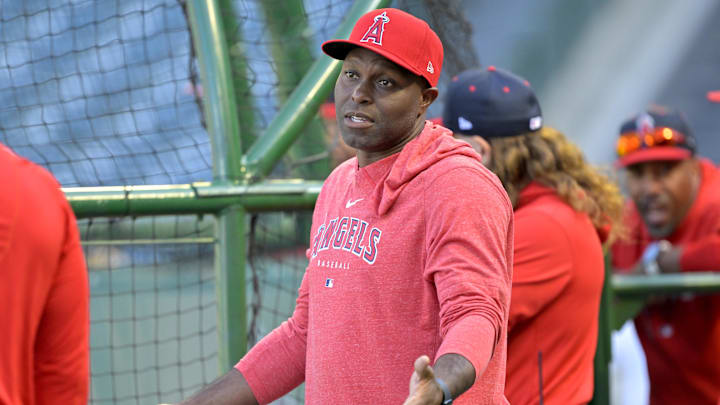 Apr 6, 2024; Anaheim, California, USA; Former Los Angeles Angels player Torii Hunter, has been named special Assistant to the General manager, on the field during batting practice prior to the game against the Boston Red Sox at Angel Stadium. Mandatory Credit: Jayne Kamin-Oncea-Imagn Images