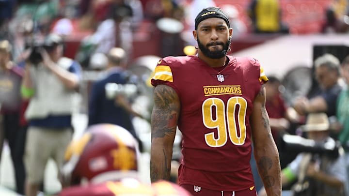 Oct 29, 2023; Landover, Maryland, USA; Washington Commanders defensive end Montez Sweat (90) on the