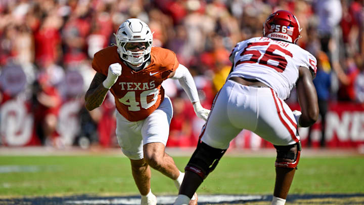 Oct 11, 2025; Dallas, Texas, USA; Texas Longhorns defensive end Lance Jackson (40) during the game between the Texas Longhorns and the Oklahoma Sooners at the Cotton Bowl. Mandatory Credit: Jerome Miron-Imagn Images