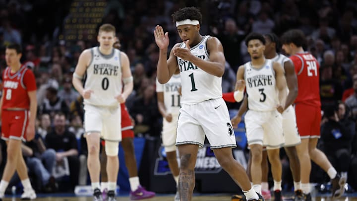 Mar 23, 2025; Cleveland, OH, USA; Michigan State Spartans guard Jeremy Fears Jr. (1) reacts in the second half against the New Mexico Lobos during the NCAA Tournament Second Round at Rocket Arena. Mandatory Credit: Rick Osentoski-Imagn Images
