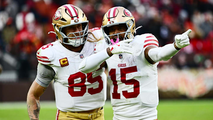 Nov 30, 2025; Cleveland, Ohio, USA; San Francisco 49ers wide receiver Jauan Jennings (15) celebrates with tight end George Kittle (85) after a first down catch against the Cleveland Browns during the fourth quarter at Huntington Bank Field. Nov 30, 2025; Cleveland, Ohio, USA; San Francisco 49ers wide receiver Jauan Jennings (15) celebrates with tight end George Kittle (85) after a first down catch against the Cleveland Browns during the fourth quarter at Huntington Bank Field.