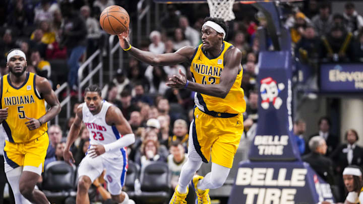 Nov 29, 2024; Indianapolis, IN, USA; Indiana Pacers forward Pascal Siakam (43) passes the ball up the court Friday, Nov. 29, 2024, during a game between the Indiana Pacers and the Detroit Pistons at Gainbridge Fieldhouse in Indianapolis.  Mandatory Credit: Grace Smith/USA TODAY Network via Imagn Images 
