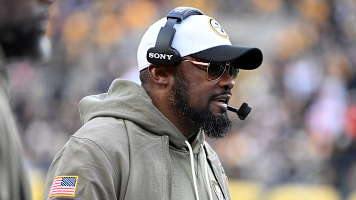 Nov 16, 2025; Pittsburgh, Pennsylvania, USA; Pittsburgh Steelers head coach Mike Tomlin looks on during the second half at Acrisure Stadium. Mandatory Credit: Barry Reeger-Imagn Images