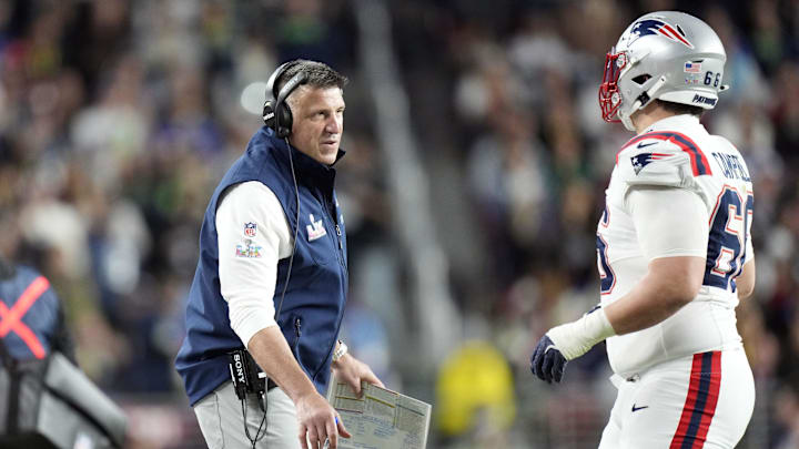 Feb 8, 2026; Santa Clara, CA, USA; New England Patriots head coach Mike Vrabel talks with offensive tackle Will Campbell (66) during the third quarter against the Seattle Seahawks in Super Bowl LX at Levi's Stadium. Mandatory Credit: Kyle Terada-Imagn Images