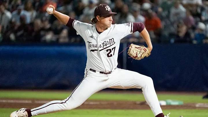 Texas A&M Aggies' Gavin Lyons pitches as the Auburn Tigers take on the Aggies during the SEC baseball tournament at Hoover Metropolitan Stadium in Hoover, Ala., on Friday, May 22, 2026. Texas A&M Aggies' Gavin Lyons pitches as the Auburn Tigers take on the Aggies during the SEC baseball tournament at Hoover Metropolitan Stadium in Hoover, Ala., on Friday, May 22, 2026.