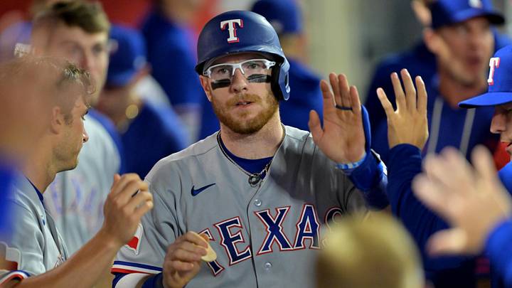 Texas Rangers catcher Danny Jansen. Texas Rangers catcher Danny Jansen.