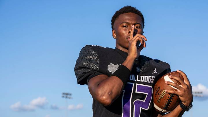 Brownsburg wide receiver Branden Sharpe poses for a portrait Wednesday, July 29, 2026, at Decatur Central High School in Indianapolis.