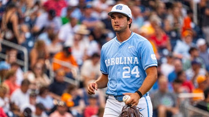 Jun 16, 2024; Omaha, NE, USA; North Carolina Tar Heels pitcher Matthew Matthijs (24) during the fifth inning against the Tennessee Volunteers at Charles Schwab Field Omaha. Mandatory Credit: Dylan Widger-Imagn Images