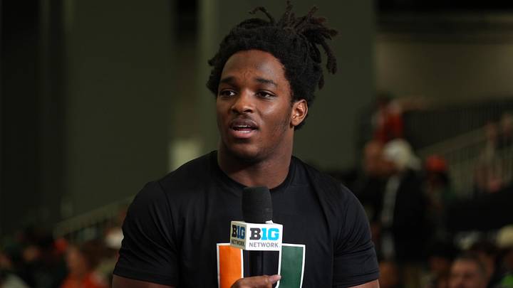Jan 17, 2026; Miami, Florida, USA; Miami Hurricanes receiver Malachi Toney on the Big Ten Network stage during media day for the 2025 College Football Playoff National Championship at Miami Beach Convention Center. Mandatory Credit: Kirby Lee-Imagn Images