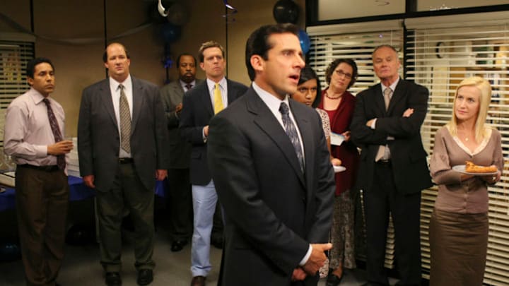 THE OFFICE -- "Launch Party" Episode 3 -- Aired 10/11/2007 -- Pictured: (l-r) Oscar Nunez as Oscar Martinez, Brian Baumgartner as Kevin Malone, Leslie David Baker as Stanley Hudson, Ed Helms as Andy Bernard, Steve Carell as Michael Scott, Mindy Kaling as Kelly Kapoor, Phyllis Smith as Phyllis Lapin, Creed Bratton as Creed Bratton, and Angela Kinsey as Angela Martin (Photo by Justin Lubin/NBC/NBCU Photo Bank via Getty Images)