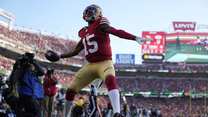 Dec 14, 2025; Santa Clara, California, USA;  San Francisco 49ers wide receiver Jauan Jennings (15) celebrates scoring a touchdown against Tennessee Titans during the third quarter at Levi's Stadium. Mandatory Credit: Kyle Terada-Imagn Images