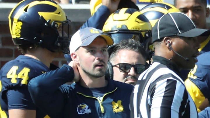 Michigan football analyst Connor Stalions stands on the sideline during the team's game against Rutgers at Michigan Stadium in Ann Arbor. Michigan football analyst Connor Stalions stands on the sideline during the team's game against Rutgers at Michigan Stadium in Ann Arbor.