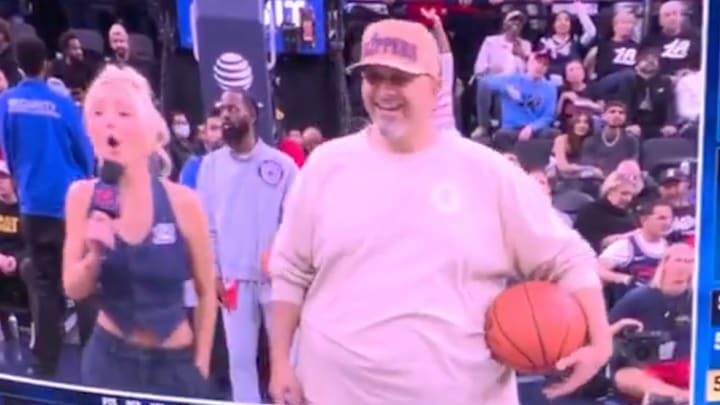 Clippers’ in-game host Hannah Cormier reacts to a fan talking trash to LeBron.