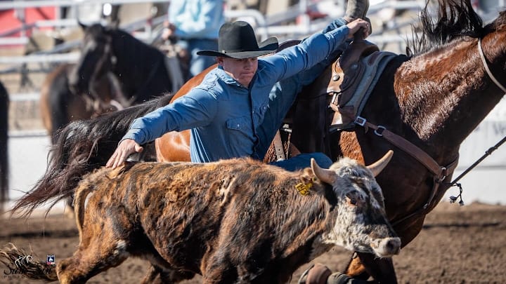 2024 Resistol Rookie of the Year Ty Bauerle competes in the Steer Wrestling at the 2024 La Fiesta De Los Vaqueros Rodeo in Tuscon, AZ.