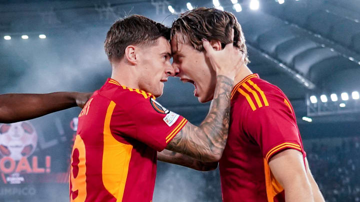Edoardo Bove of AS Roma celebrates with Nicola Zalewski of AS Roma after scoring first goal during a UEFA Europa League match. Edoardo Bove of AS Roma celebrates with Nicola Zalewski of AS Roma after scoring first goal during a UEFA Europa League match.