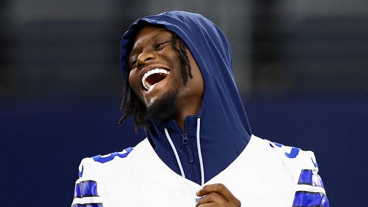 Dallas Cowboys wide receiver George Pickens laughs before the game against the Atlanta Falcons at AT&T Stadium. 