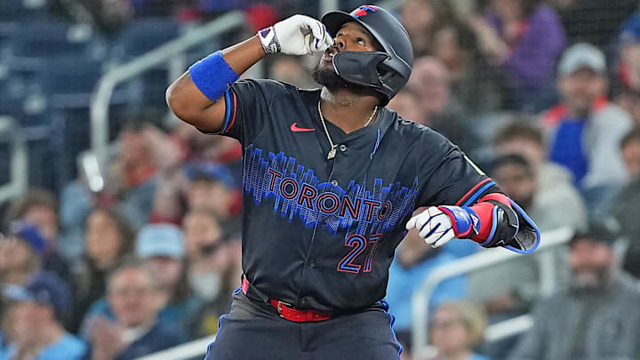 Mar 28, 2025; Toronto, Ontario, CAN; Toronto Blue Jays first baseman Vladimir Guerrero Jr. (27) gestures after hitting a single against the Baltimore Orioles during the first inning at Rogers Centre. Mandatory Credit: Nick Turchiaro-Imagn Images