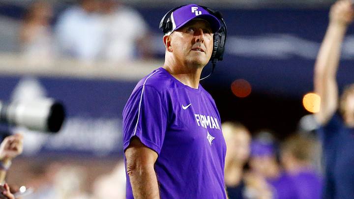 Aug 31, 2024; Oxford, Mississippi, USA; Furman Paladins head coach Clay Hendrix looks to the scoreboard during the first half against the Mississippi Rebels at Vaught-Hemingway Stadium. Mandatory Credit: Petre Thomas-USA TODAY Sports Aug 31, 2024; Oxford, Mississippi, USA; Furman Paladins head coach Clay Hendrix looks to the scoreboard during the first half against the Mississippi Rebels at Vaught-Hemingway Stadium. Mandatory Credit: Petre Thomas-USA TODAY Sports