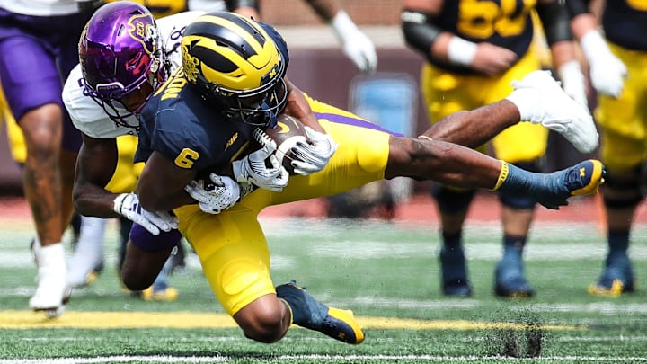 Michigan wide receiver Cornelius Johnson makes a catch against East Carolina defensive back Shavon Revel.