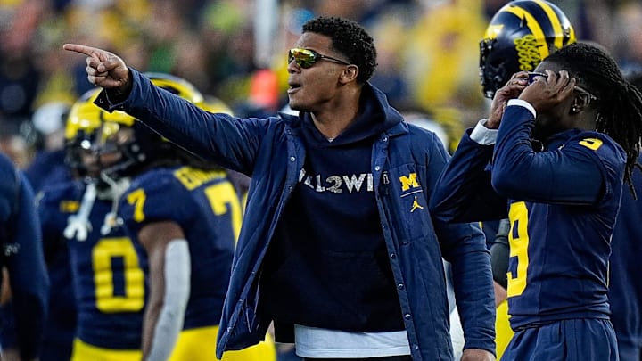 Michigan defensive back Will Johnson (2) reacts to a referee call that ruled an incomplete pass intended for tight end Colston Lovelan (not in the photo) during the second half against Oregon at Michigan Stadium in Ann Arbor on Saturday, Nov. 2, 2024.