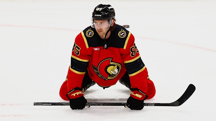 Feb 26, 2026; Ottawa, Ontario, CAN; Ottawa Senators defenseman Jake Sanderson (85) warms up prior to a game against the Detroit Red Wings at Canadian Tire Centre. Mandatory Credit: Keito Newman-Imagn Images