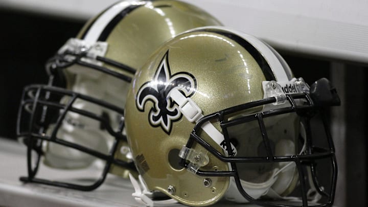 Aug 22, 2009; Houston, TX, USA; New Orleans Saints helmets sit on the bench in a game against the Houston Texans in the fourth quarter at Reliant Stadium. The Saints defeated the Texans 38-14. Mandatory Credit: Brett Davis-Imagn Images