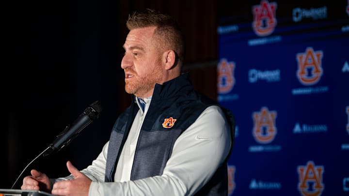 Auburn Tigers football head coach Alex Golesh speaks during a press conference at Woltosz Performance Center in Auburn, Ala. on Monday, Dec. 8, 2025.