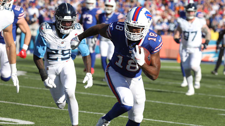 Buffalo Bills' Amari Cooper runs toward the end zone with the ball during the second half at Highmark Stadium in Orchard Park on Oct. 20, 2024. The midseason trade for the wide receiver has paid instant dividends for the Bills.