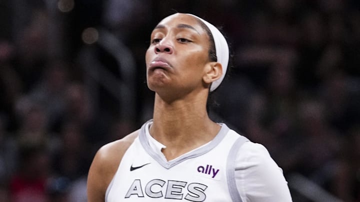 Sep 11, 2024; Indianapolis, Indiana, USA; Las Vegas Aces center A'ja Wilson (22) reacts after scoring Wednesday, Sept. 11, 2024, during a game between the Indiana Fever and the Las Vegas Aces at Gainbridge Fieldhouse in Indianapolis.  Mandatory Credit: Grace Smith