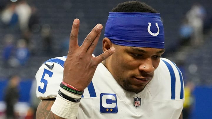 Indianapolis Colts quarterback Anthony Richardson (5) celebrates as he leaves the field Sunday, Dec. 22, 2024, after winning a game against the Tennessee Titans at Lucas Oil Stadium in Indianapolis. Indianapolis Colts quarterback Anthony Richardson (5) celebrates as he leaves the field Sunday, Dec. 22, 2024, after winning a game against the Tennessee Titans at Lucas Oil Stadium in Indianapolis.