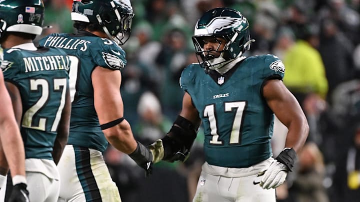 Nov 16, 2025; Philadelphia, Pennsylvania, USA; Philadelphia Eagles linebacker Nakobe Dean (17) celebrates his sack during the fourth quarter against the Detroit Lions at Lincoln Financial Field. Mandatory Credit: Eric Hartline-Imagn Images
