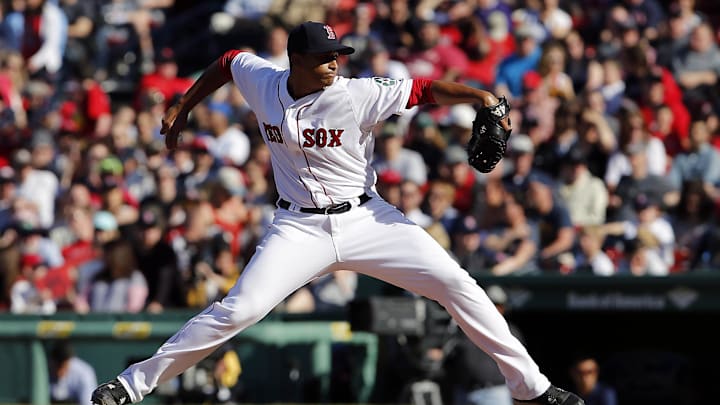 Apr 21, 2016; Boston, MA, USA; Boston Red Sox starting pitcher William Cuevas (63) throws a pitch against the Tampa Bay Rays in the seventh inning at Fenway Park. Mandatory Credit: David Butler II-Imagn Images