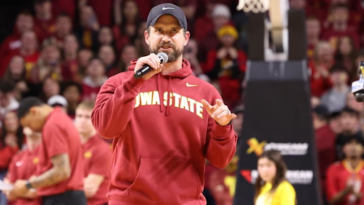 Dec 11, 2025; Ames, Iowa, USA;  Iowa State Cyclones new football coach Jimmy Rogers speaks during the Cyclones game with the Iowa Hawkeyes during the first half at James H. Hilton Coliseum.