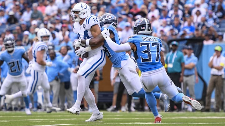 Sep 21, 2025; Nashville, Tennessee, USA; Indianapolis Colts wide receiver Alec Pierce (14) makes a catch during the first quarter at Nissan Stadium. Mandatory Credit: Steve Roberts-Imagn Images