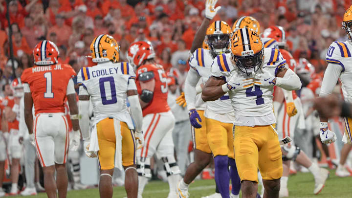 Louisiana State University cornerback Mansoor Delane (4) reacts after Clemson TJ Moore (1) missed a fourth down catch during the fourth quarter at Memorial Stadium in Clemson, S.C. Saturday, August 30, 2025.