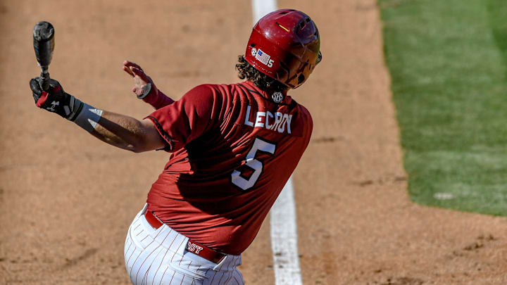 South Carolina senior Talmadge LeCroy (5) bats against Clemson during the bottom of the sixth inning of the Reedy River Rivalry at Fluor Field in Greenville, S.C. Saturday, March 1, 2025.